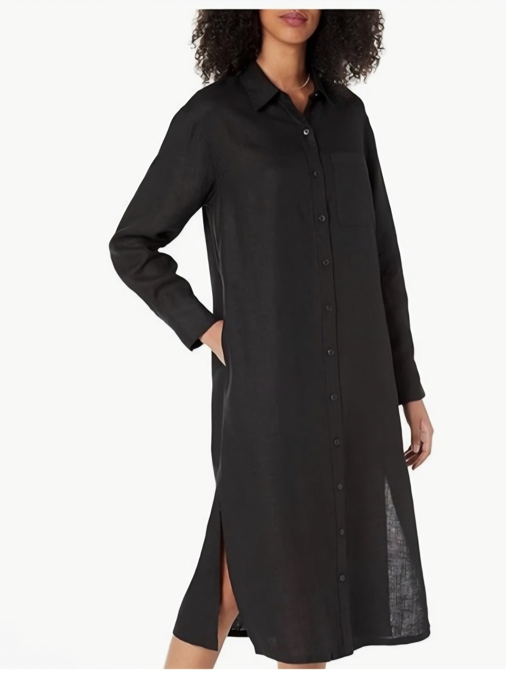 The drop 100% black linen shirt dress with long sleeves and button-up front.
